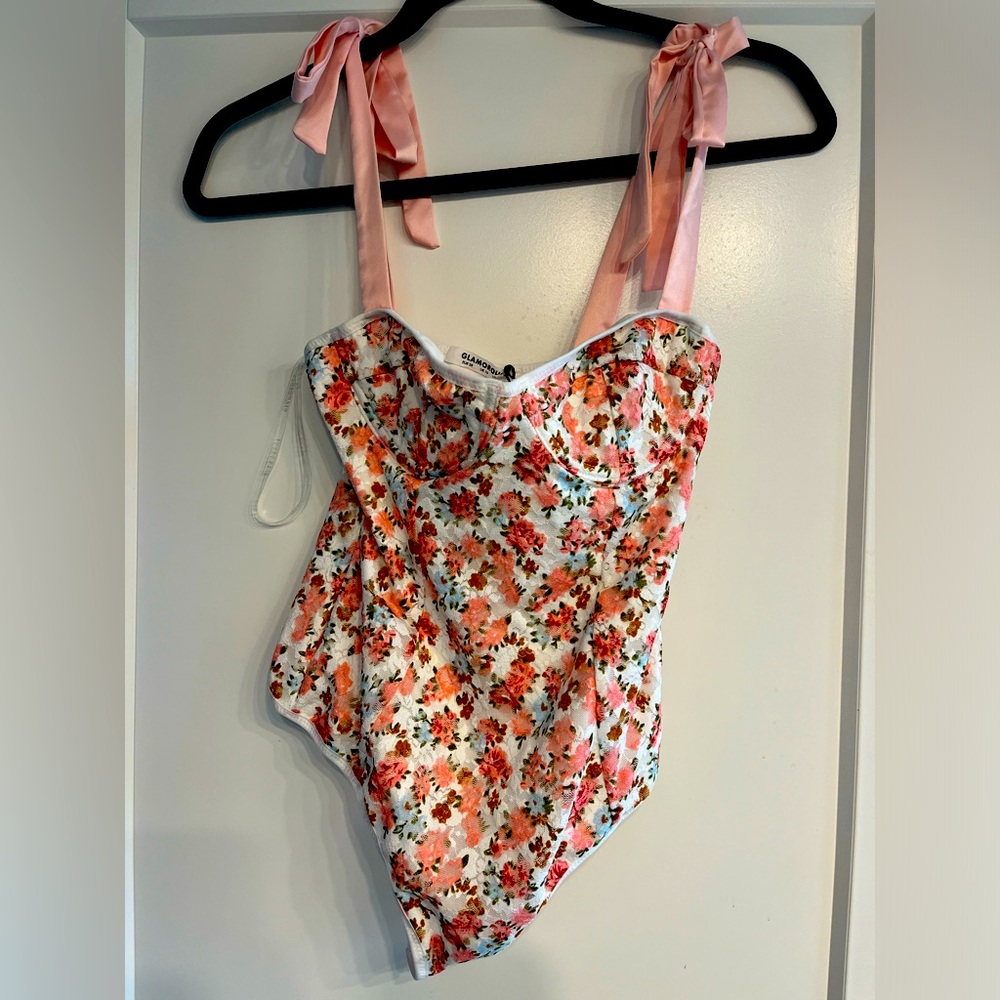 Glamorous Brand floral body suit with ribbon straps